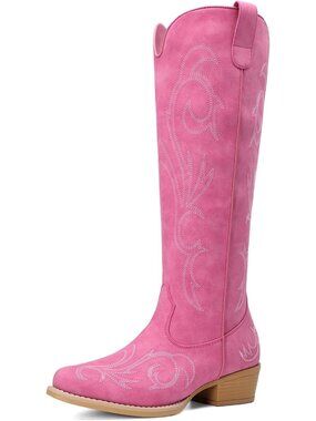Women's Pink Rubber Cowgirl Knee High Pointed Toe Block Heel Embroiderd Boots